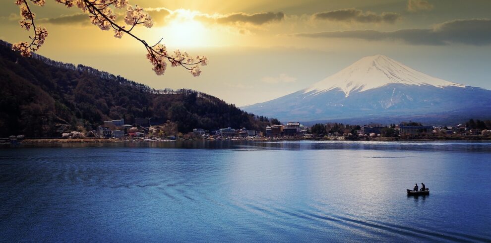 lake, mount fuji, sunset, the water, nature, cherry blossoms, dusk, sun, the sunlight, volcano, japan, fuji, mount fuji, mount fuji, mount fuji, mount fuji, mount fuji, fuji, fuji