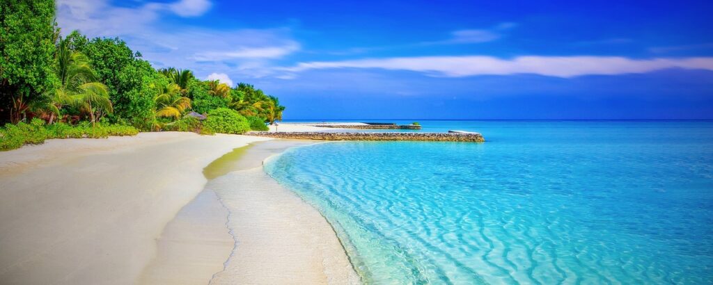 beach, sea, panorama, panoramic, blue sea, blue ocean, horizon, seascape, tropical, tropical island, shore, seashore, coast, coastline, sandy beach, paradise, palm trees, ocean, water, nature, holiday, white sand, exotica, blue, warm, relax, exotic, island, secluded beach