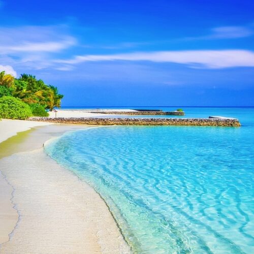 beach, sea, panorama, panoramic, blue sea, blue ocean, horizon, seascape, tropical, tropical island, shore, seashore, coast, coastline, sandy beach, paradise, palm trees, ocean, water, nature, holiday, white sand, exotica, blue, warm, relax, exotic, island, secluded beach