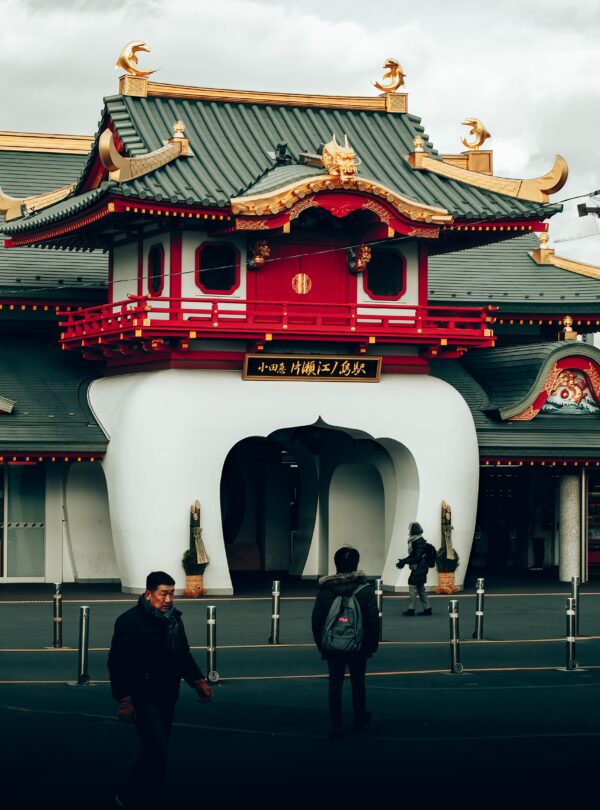 Explore the vibrant design of a Japanese-style building in urban Yokohama, Japan.