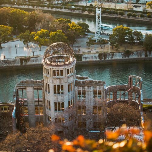 Stunning aerial capture of Hiroshima Peace Memorial Dome, a UNESCO World Heritage Site.