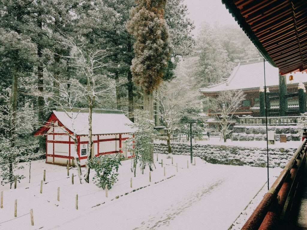Trip Search Result Captured in winter, this serene snowy scene at Nikko Toshogu Shrine showcases traditional Japanese architecture surrounded by a tranquil forest setting.