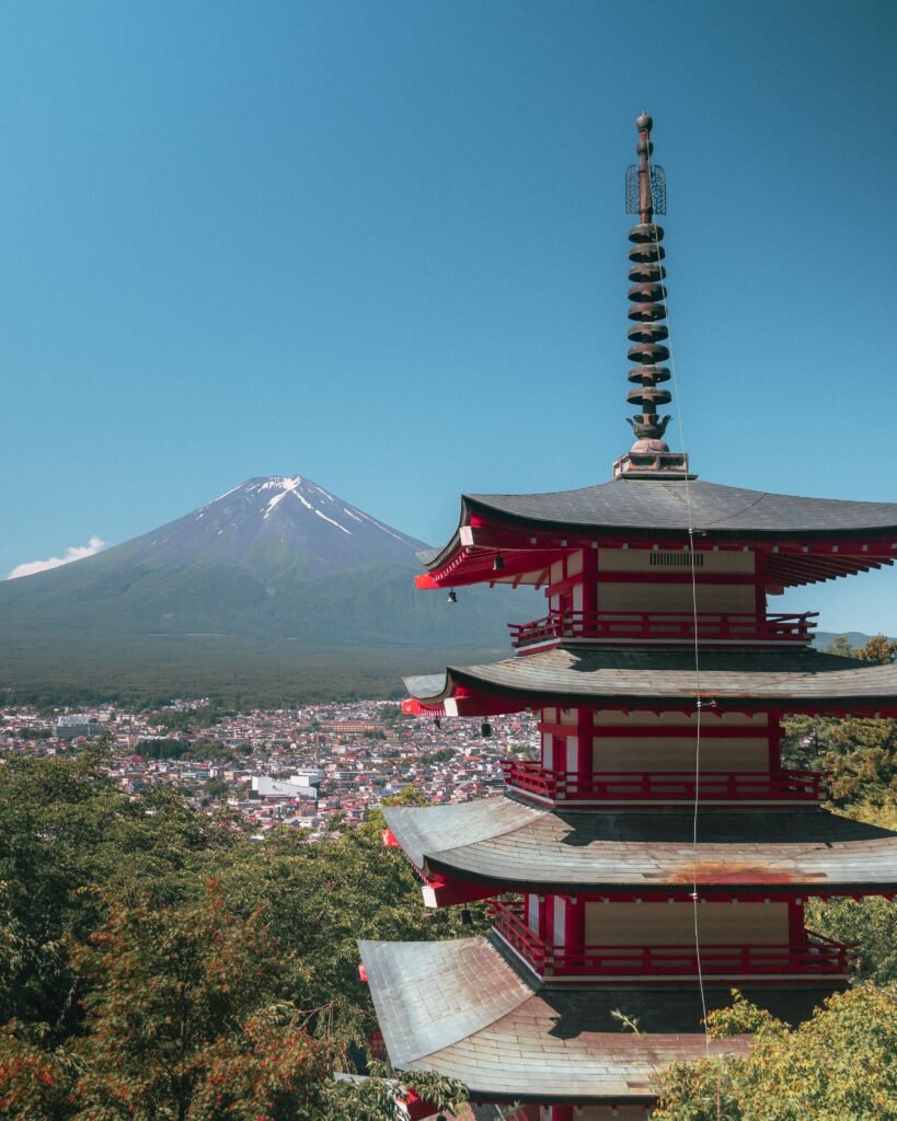 Capture the beauty of Mount Fuji alongside the historic Chureito Pagoda in Japan.