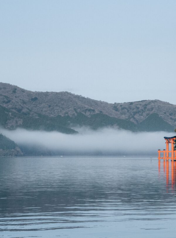 A calm landscape featuring a Torii gate at Lake Ashi, Japan with misty mountains.