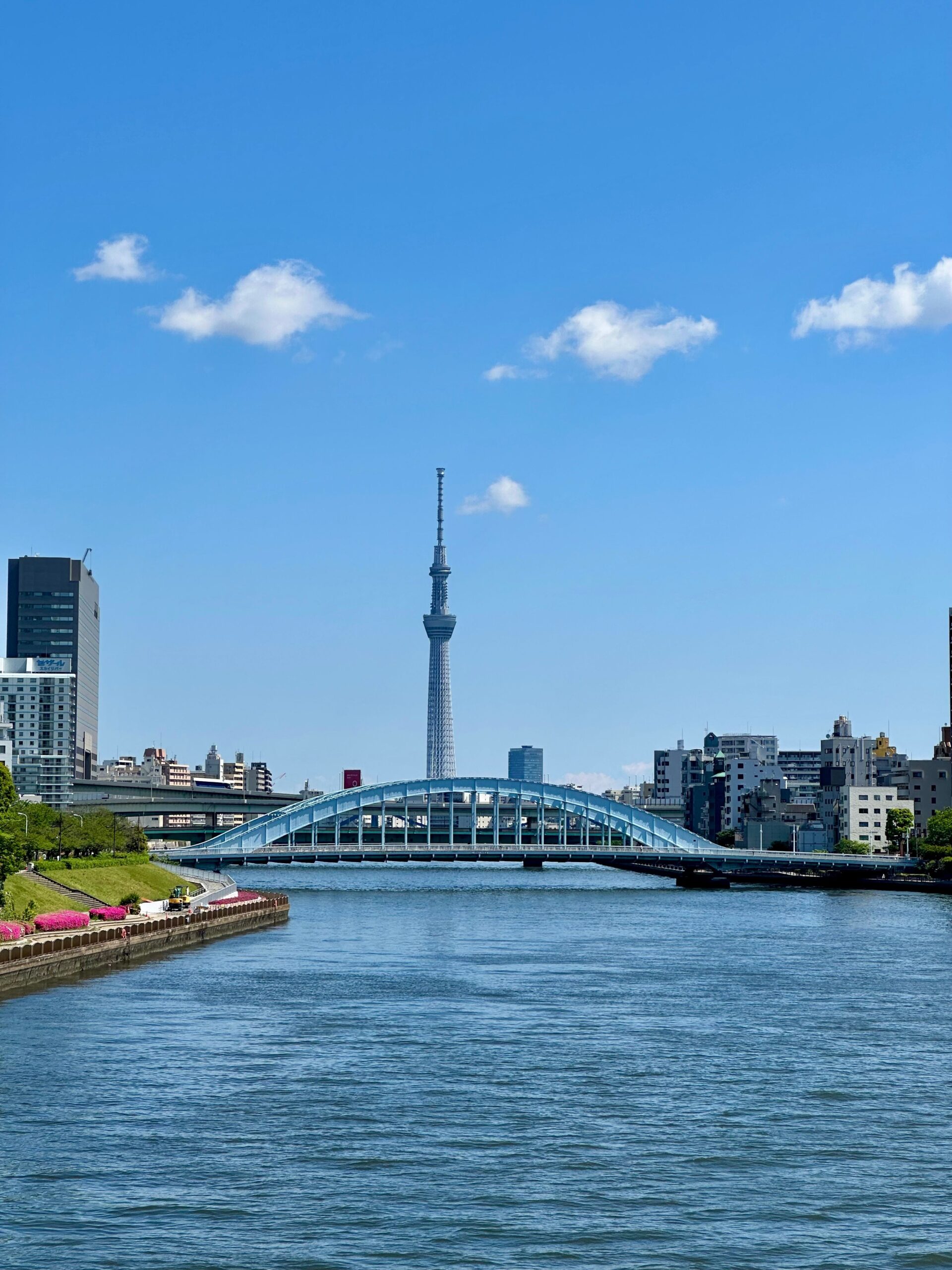 View of Tokyo Skytree and blue bridge over Sumida River in a bright, clear day.
