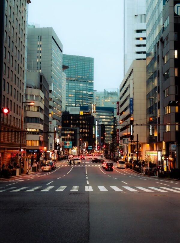 Bustling Tokyo street at dusk showcasing modern architecture and city life.