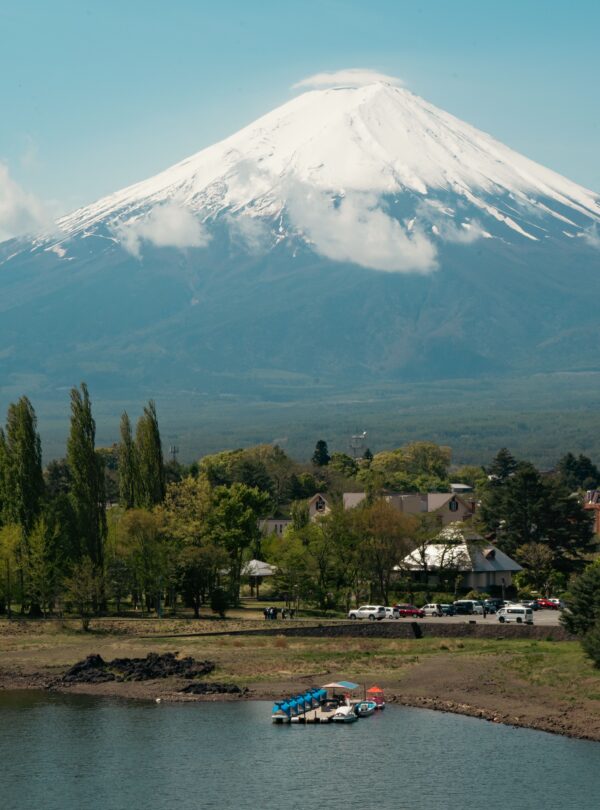 Beautiful view of Mount Fuji with surrounding landscape on a clear day.