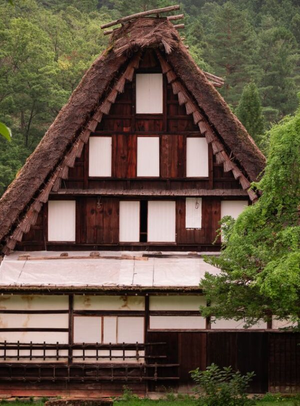 Scenic view of historic Gassho-Zukuri farmhouse surrounded by lush greenery in Takayama, Japan.