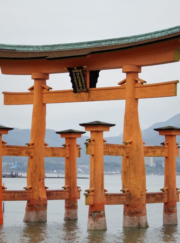 Iconic floating torii gate of Itsukushima Shrine in Miyajima, Japan.