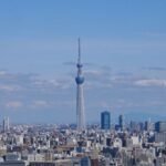 A stunning aerial view of Tokyo's skyline featuring the iconic Tokyo Skytree under a clear blue sky.