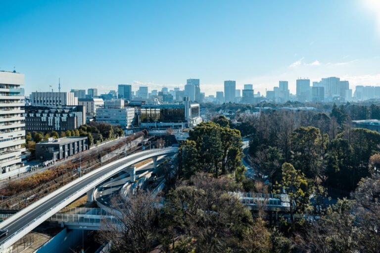 Skyline of Tokyo featuring modern buildings and green urban spaces under a clear blue sky.