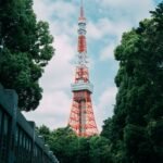 View of the iconic Tokyo Tower surrounded by vibrant greenery on a clear day.